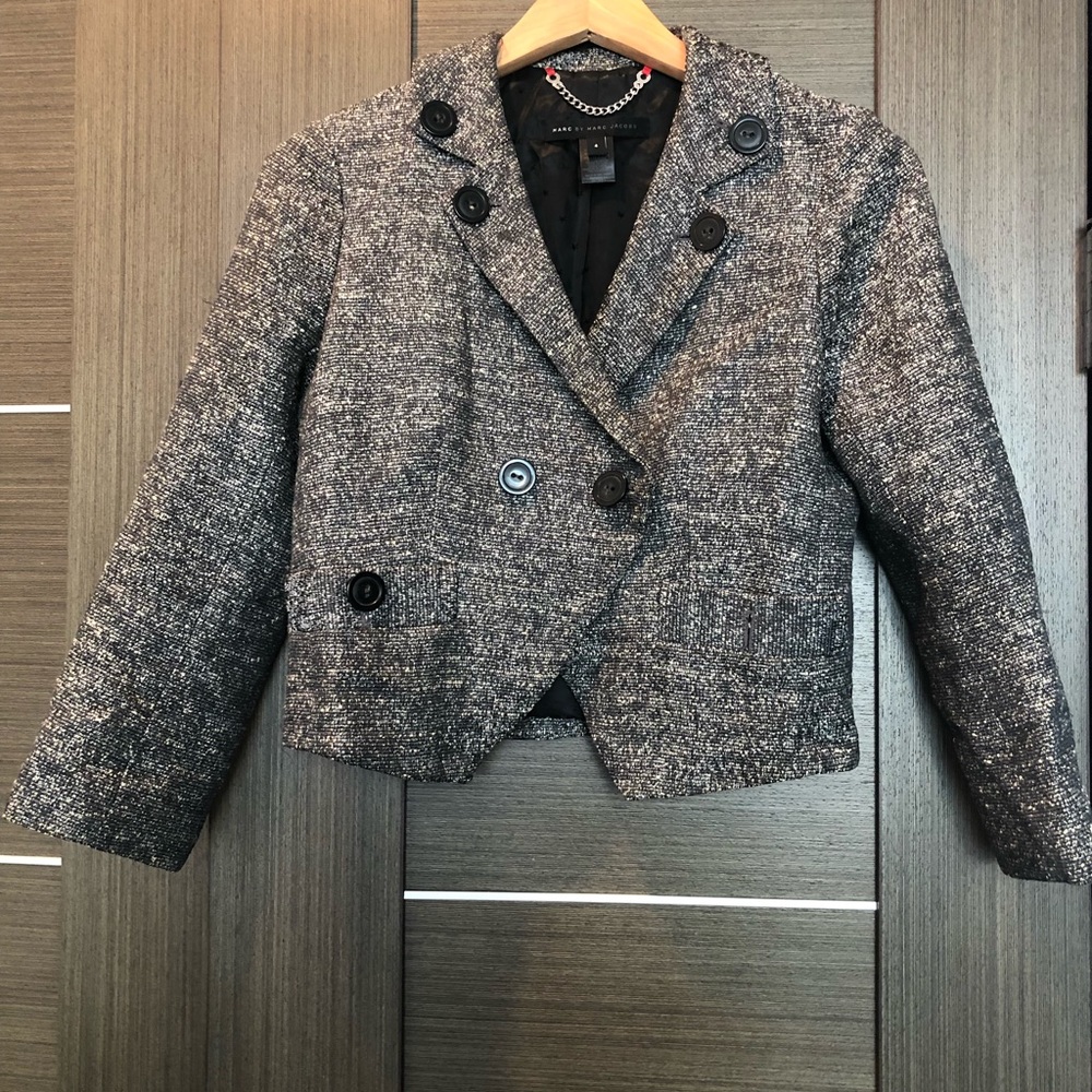 Marc Jacobs Gray Tweed Cropped Blazer Silk Blend